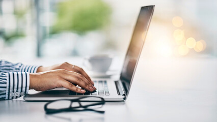 Aufkleber - Laptop, planning and hands of business woman in office for email, seo review and client feedback. Networking, website and schedule with closeup of employee for connection, notes, report and typing