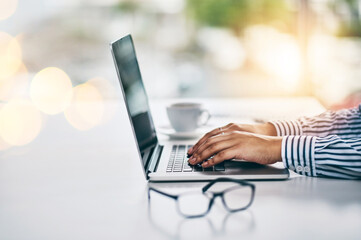Aufkleber - Laptop, online and hands of business woman in office for email, seo review and client feedback. Networking, website and schedule with closeup of employee typing for connection, report and planning
