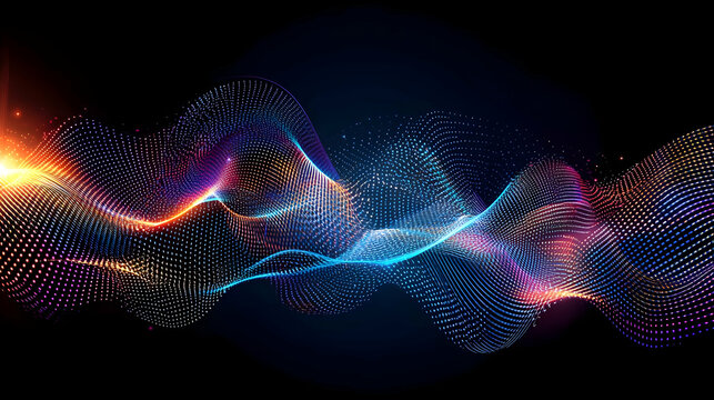 Abstract Digital Wave Formed By Colorful Particles With Bright Lighting On Black Background
