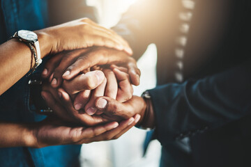 Aufkleber - Teamwork, meeting and hands of business people in stack for support, collaboration and solidarity. Professional, corporate and closeup of workers together for agreement, company growth or partnership