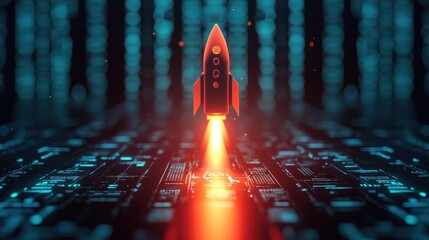 Poster - Rocket Launching into Digital Space with Futuristic Circuit Patterns and Glowing Effects