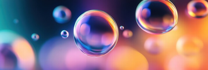 Fototapete - Colorful soap bubbles floating in a vibrant background with soft lights and blurred colors. Generative AI