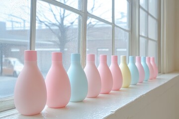 Poster - Colorful Bottles in a Row on a Windowsill with Soft Natural Light