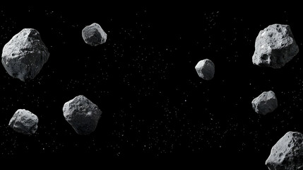asteroids floating in the black space background with stars and cosmic elements