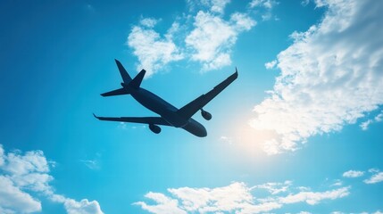 Poster - Aircraft flying through a clear blue sky with clouds and sunlight visible during the afternoon. Generative AI
