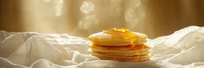 Aufkleber - Delicious pancakes served with golden syrup on a soft fabric cloth in warm morning light. Generative AI