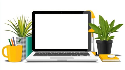 Poster - Laptop mockup with plants and stationery for creative workspace design for presentation website and application digital marketing branding