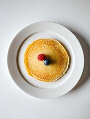Poster - Delicious pancake topped with fresh raspberries and blueberries on a white plate for breakfast. Generative AI