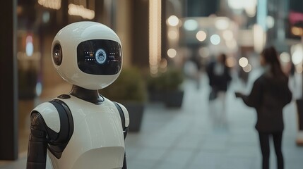 Poster - Modern White Robot in City Street Futuristic AI Technology Digital Innovation Smart Machine Artificial Intelligence Urban Background Realistic Robot  