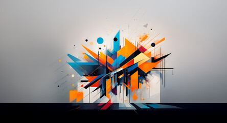 Poster - Geometric abstract art featuring a dynamic explosion of sharp, angular shapes in vibrant blue, orange, and black hues against a soft gray background.