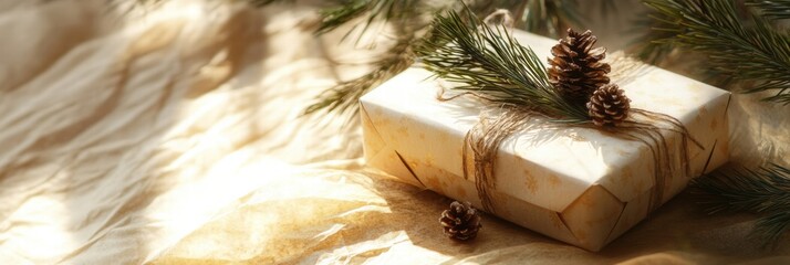 Aufkleber - Beautifully wrapped gift decorated with pinecones and evergreen branches on a soft golden surface. Generative AI