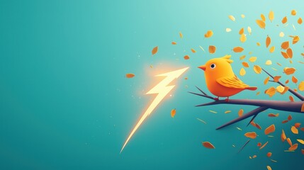 Poster - A cartoon bird perched on a tree branch, looking startled as a cartoon lightning bolt strikes the tree trunk, shaking the branches and sending leaves flying.