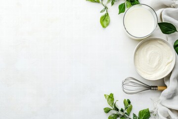 Poster - Preparing ingredients for a creamy sauce with fresh herbs on a white kitchen countertop. Generative AI