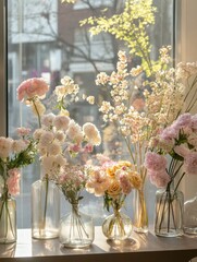 Aufkleber - Fresh flowers in various glass vases on a sunny windowsill creating a vibrant and cheerful atmosphere. Generative AI
