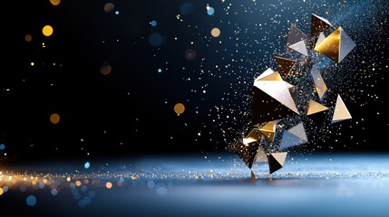 Poster - Golden particles forming geometric shapes and patterns against a dark background, representing the intersection of art, science, and technology.