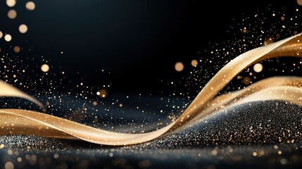 Poster - Abstract golden particles flowing in a wave like motion against a black background, creating a sense of rhythm and movement.