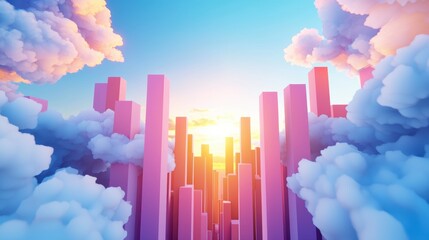Poster - A panoramic view of a cityscape bathed in the warm glow of sunset, with skyscrapers piercing the colorful sky and clouds reflecting the vibrant hues.