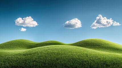 Poster - A wide angle shot of a rolling green hillscape under a clear blue sky with scattered cumulus clouds, conveying a sense of vastness and serenity.