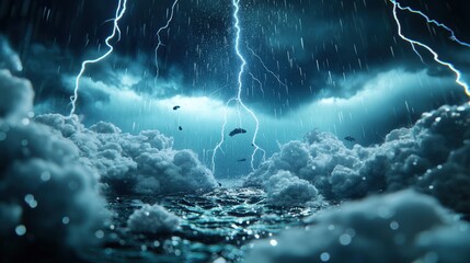 Poster - Heavy rain pouring down from dark, turbulent clouds, with streaks of lightning illuminating the sky and creating a dramatic and powerful scene.