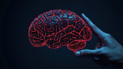 Poster - Human Hand Holding Futuristic Neon Brain Model on Dark Background for Technology and Science Concepts