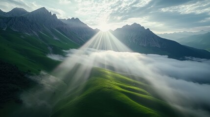 Poster - An aerial shot of a mountainous landscape with sunrays piercing through clouds, illuminating valleys and casting dramatic shadows on the peaks.