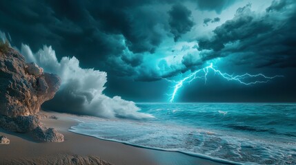 Poster - Storm clouds gathering over the ocean, with waves crashing against the shore and creating a dramatic and powerful scene.