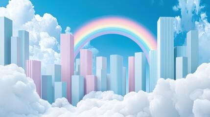 Poster - A cityscape with a rainbow arcing over the buildings, symbolizing hope and renewal after a storm.