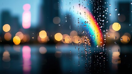 Poster - A close up shot of raindrops clinging to a windowpane, with a rainbow reflected in the water droplets and creating a colorful and abstract image.