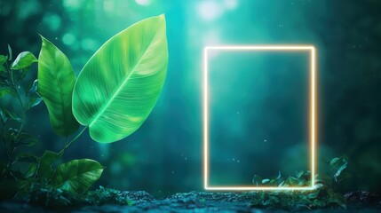 Poster - A vibrant green monstera leaf delicately placed within a glowing, rectangular neon frame against a dark, moody background.