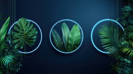 Poster - A composition of three neon circles, each encasing a different variety of tropical leaves palm, banana, and monstera with varying light intensities.