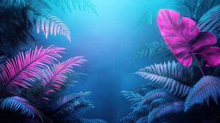Poster - A dense jungle scene with lush ferns, philodendrons, and monstera plants, illuminated by hidden neon lights casting a vibrant, otherworldly glow.
