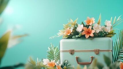 Poster - A vintage suitcase overflowing with tropical flowers and foliage, illuminated by a warm neon light, hinting at a forgotten adventure or a journey to a far off land.