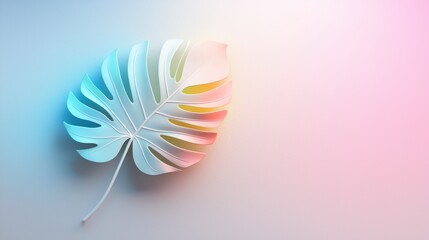 Poster - A large monstera leaf bathed in a gradient neon glow, transitioning from electric blue to vibrant pink, creating a surreal and dreamy effect.