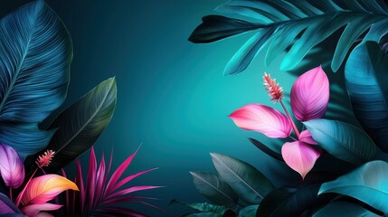 Poster - An abstract composition of tropical leaves and flowers with a gradient neon glow emanating from behind, casting a colorful, ethereal light on the surrounding foliage.