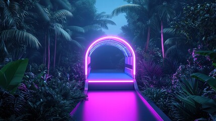Poster - A sleek, futuristic vehicle with a transparent exterior, driving through a dense tropical jungle illuminated by neon signs and holographic projections.
