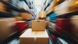 © RealityForge - A warehouse filled with moving cardboard boxes, shot in motion blur, symbolizing logistics and e-commerce.