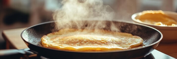 Poster - Cooking a steaming pancake on a skillet in a cozy kitchen during morning hours. Generative AI