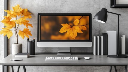 Poster - Autumnal workspace ambiance modern desktop computer setup with leaf foliage on a textured gray desk at cozy home environment