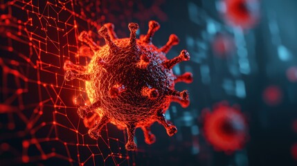 Poster - Vibrant Red Virus Particle Surrounded by Digital Graphs and Network Connections in a Scientific Background