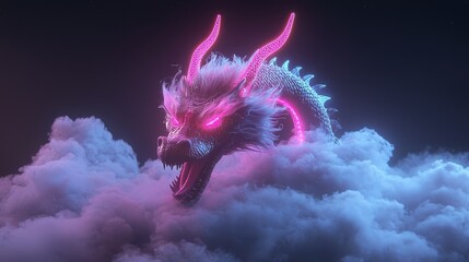 dragon emerges from the clouds, digital rendering, neon pink and blue, fantasy