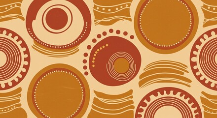 Poster - Abstract  Geometric Pattern:  A vibrant seamless pattern showcasing a contemporary artistic style. Circles, waves, and dotted lines dance across a creamy canvas in warm orange and deep red hues.