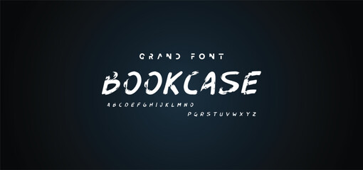 Poster - Alphabet vector set of white capital handwritten letters on black background. Handwritten italic font with brush strokes in horror style.