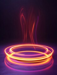 Aufkleber - Colorful light trails swirl above a circular base in a dimly lit setting during a creative light art display. Generative AI
