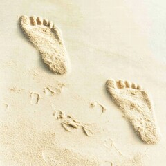 Fototapete - Footprints in soft sand on a tranquil beach during a calm morning. Generative AI