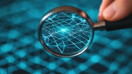 Poster - creative problem solving concept. magnifying glass revealing tangled web of digital connections and 