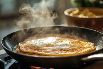 Aufkleber - Steam rising from a freshly cooked pancake on a skillet in a sunny kitchen setting. Generative AI