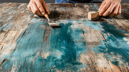 Poster - Hands working on a textured wooden surface with tools and paint