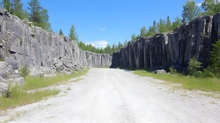 Poster - Lush quarry landscape with rocky walls and a sandy path under clear blue skies