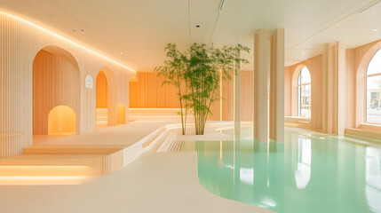 Aufkleber - Modern spa interior with wooden accents and tranquil water feature