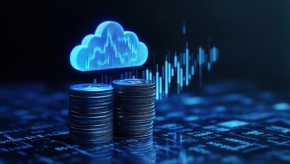 Poster - Cloud computing, financial data, and investment growth visualized with coins and charts.